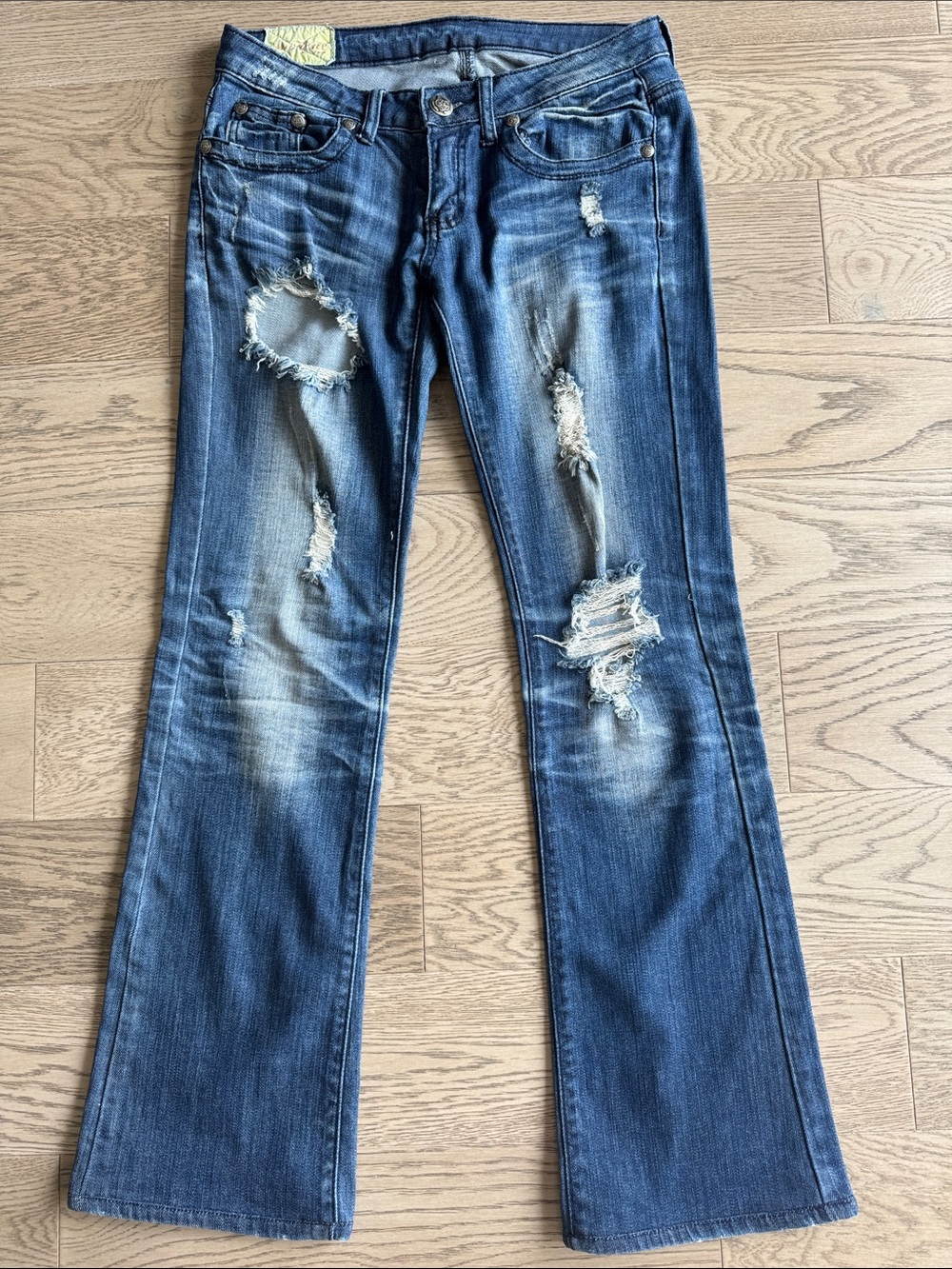 MACHINE Blue Distressed Ripped Slight Flare Jeans -Low Rise 30
